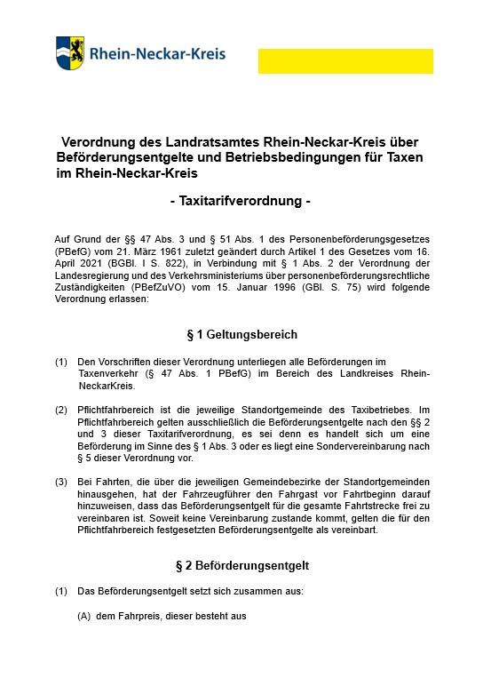 Taxitarifverordnung Rhein Neckar Kreis Wiesloch Walldorf